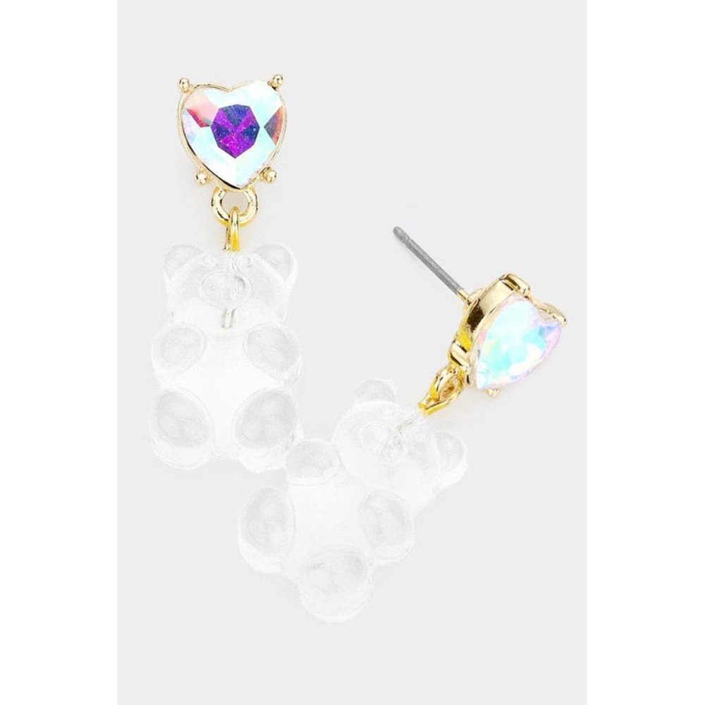 NEW Sparkly Ab Crystal Heart Stud Kawaii Dangle Clear Gummy Bear Drop Earrings - Picture 4 of 5